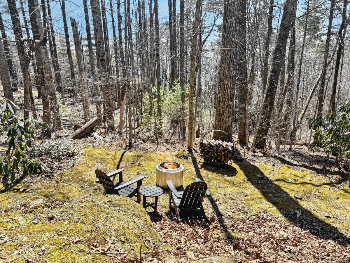 A fire pit surrounded by wooden chairs set amid tall trees, with space for gathering and socializing. The relaxed mood evokes evenings spent sharing stories, making s’mores, or stargazing under the canopy of trees.